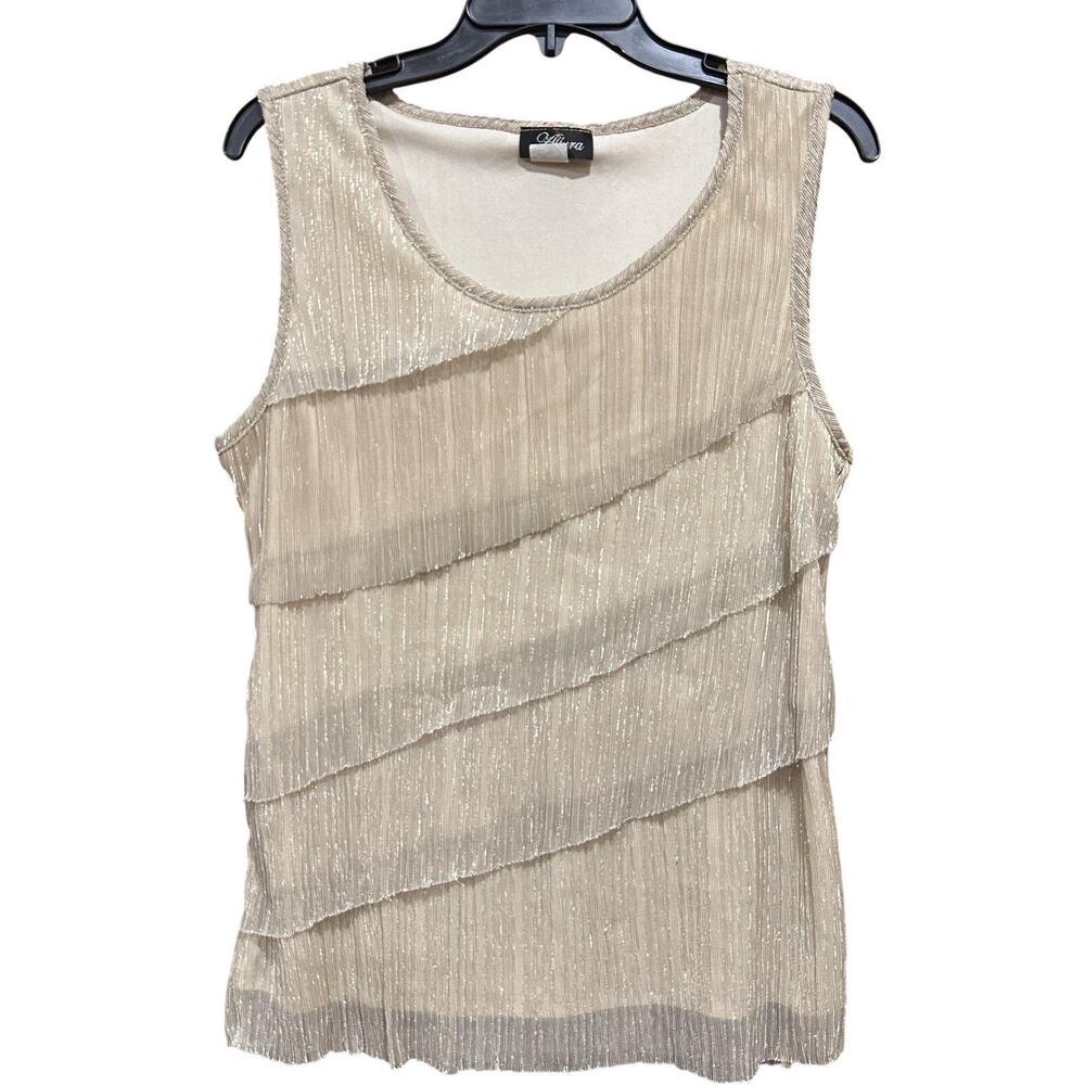 Allura Blouse Women L Gold Sleeveless Tiered Pleated Metallic Evening Top Glam